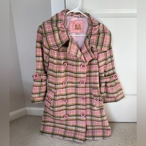 Twill Twenty Two Pink and Green Plaid pea Coat with Bell Sleeves Size P